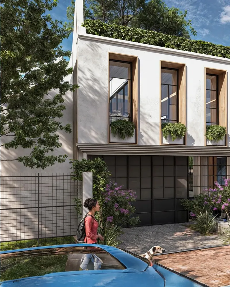 Fachada con cochera y jardineras